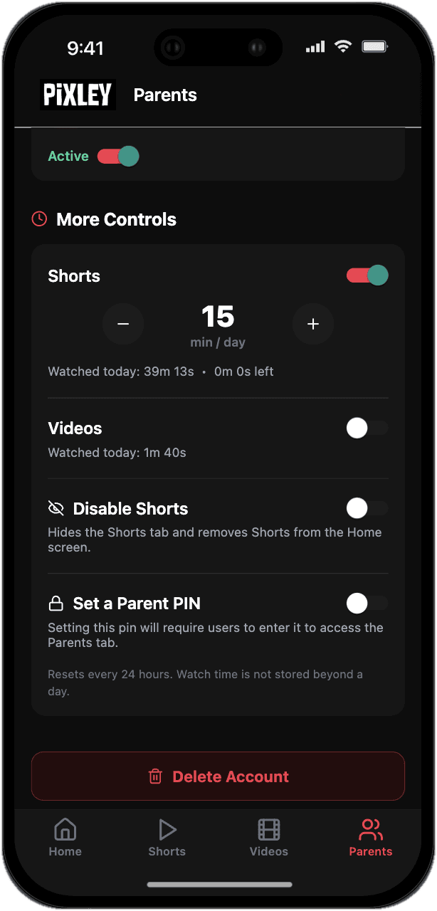 The Pixley parent controls panel for setting a daily Shorts time limit, disabling Shorts, and setting a parent PIN